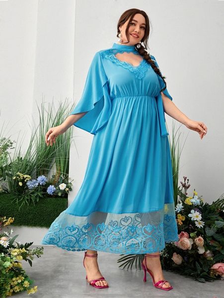 

plus keyhole neck split sleeve embroidery mesh hem dress x1ja#, Black