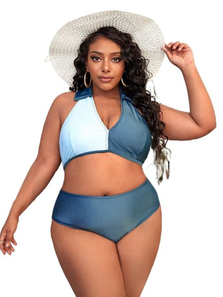 

plus two tone backless halter high waist bikini swimsuit b91n#, White;black