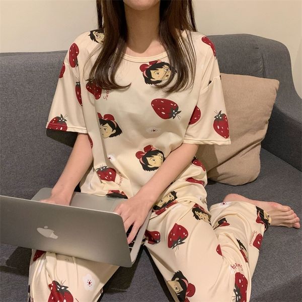 

cartoon short suits trousers for female homewear ladies' pyjamas loose home clothes set sleepwear summer 220329, Black;red