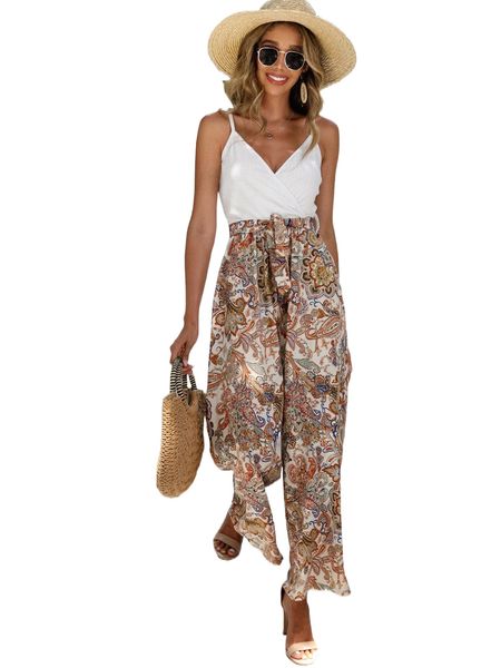 

paisley print belted cami jumpsuit r69l#, Black;white