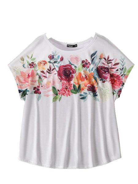 

plus floral batwing sleeve tee s0i7#, Black