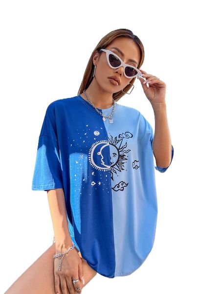 

color block sun & moon graphic drop shoulder tee j1rv#, White