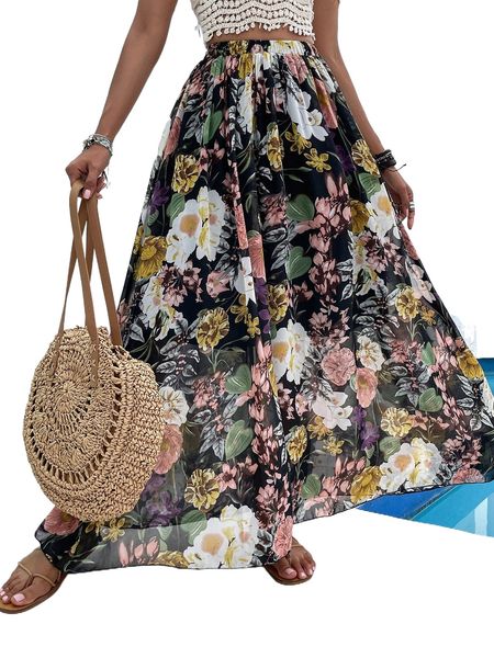 

allover floral print maxi skirt j3xt#, Black