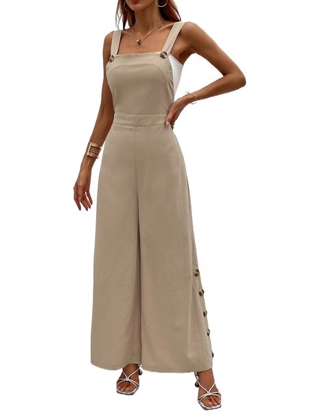 

button detail wide leg overall jumpsuit without m02p#, Black;white