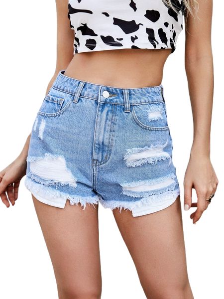 

high waist ripped raw hem denim shorts e1n1#, White;black