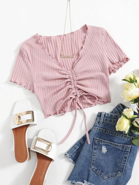 

lettuce trim drawstring ruched front crop tee r2ng#, White