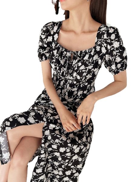 

dazy floral print knot front puff sleeve split hem dress f77b#, Black;gray