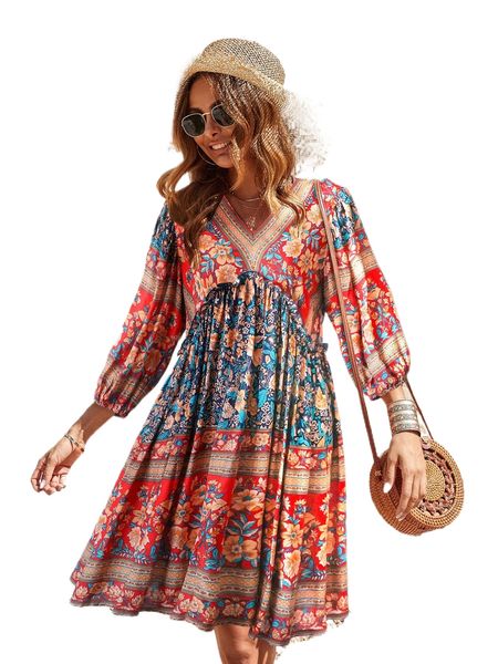 

floral print bishop sleeve dress r3br#, Black;gray