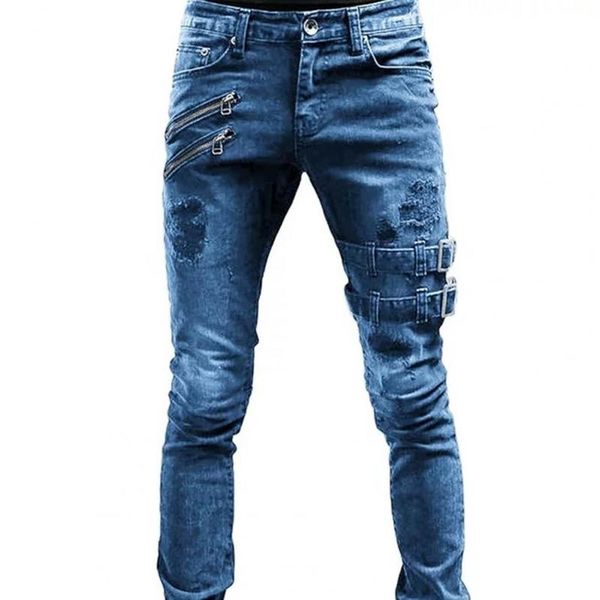 

plus size men jeans skinny side straps and zips 3 colors trousers excellent stretch men jeans trousers 220711, Blue