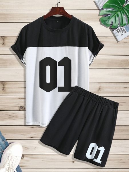 

men number print two tone tee & shorts m1io#, Gray
