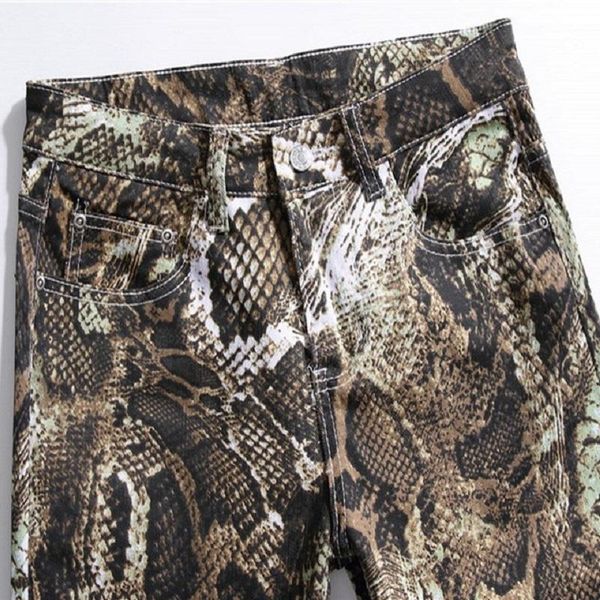 

snakeskin fashion printed jeans men hip hop high street streetwear slim straight colored painted aa, Blue