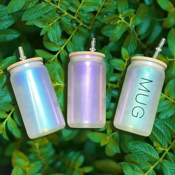 

us warehouse sublimation 12oz 16oz gradient glass cups can glass tumbler with bamboo lid straw beer iridescent mug transparent frosted soda