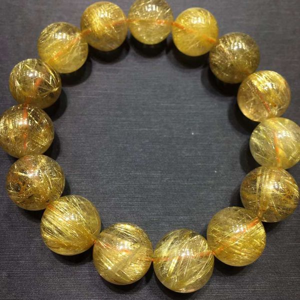 

natural gold rutilated quartz bracelet crystal brazil woman men 15mm big clear round beads jewelry brazil genuine aaaaaa, Silver