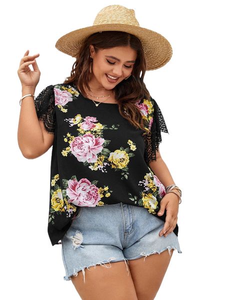 

plus floral print contrast lace blouse d198#, Black