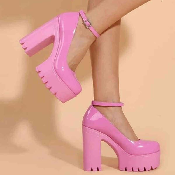 

dress shoes chunky heeled ankle strap pumps sweet platform pink square heel woman high heels platform spring woman shoes 38gq, Black