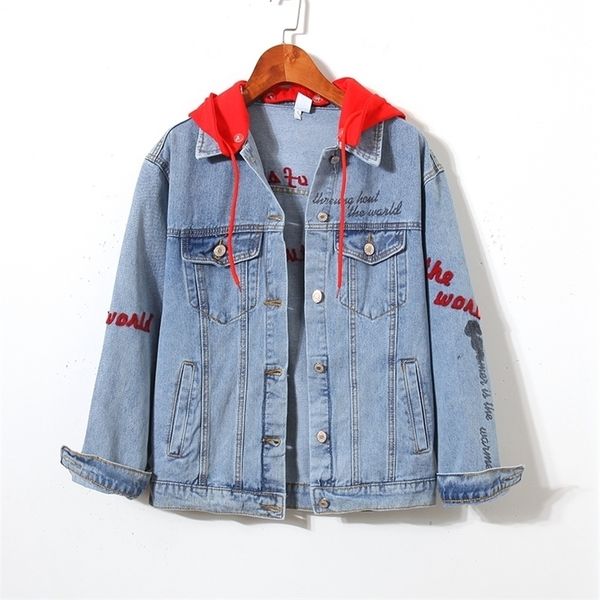 

3132 jeans jacket women hooded casual jaqueta bomber denim jacket embroidery letters streetwear harajuku windbreaker outerwear t200111, Black;brown