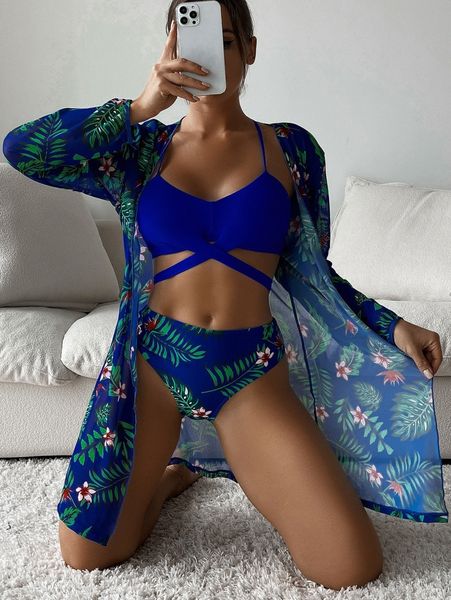 

3pack tropical print wrap bikini swimsuit & kimono e7wt#, White;black