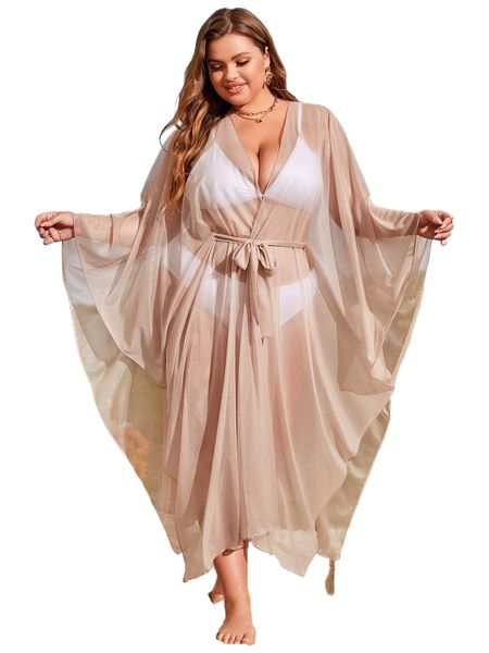 

plus sheer mesh belted kimono without bikini y5tj#, Black;gray