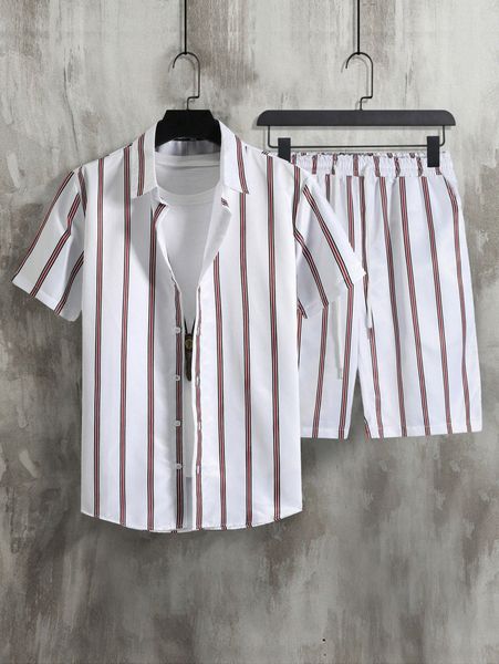 

men random vertical striped shirt & drawstring waist shorts without tee w9tn#, Gray