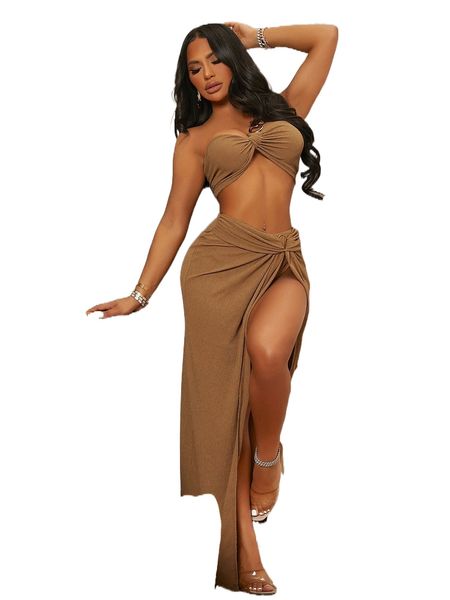 

sxy one shoulder crop & high split skirt j58q#, White