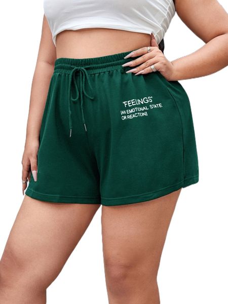 

plus slogan graphic drawstring waist shorts 36np#, Black