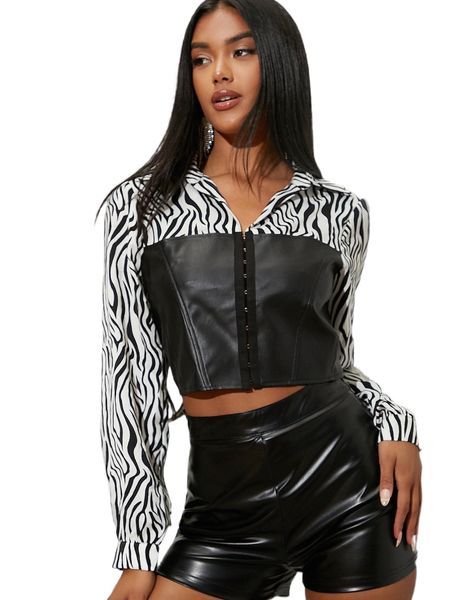 

zebra striped hook and eye pu leather blouse p3zl#, White