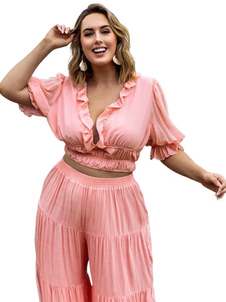 

plus plunging neck ruffle trim puff sleeve ruched crop chiffon blouse 24gm#, Black