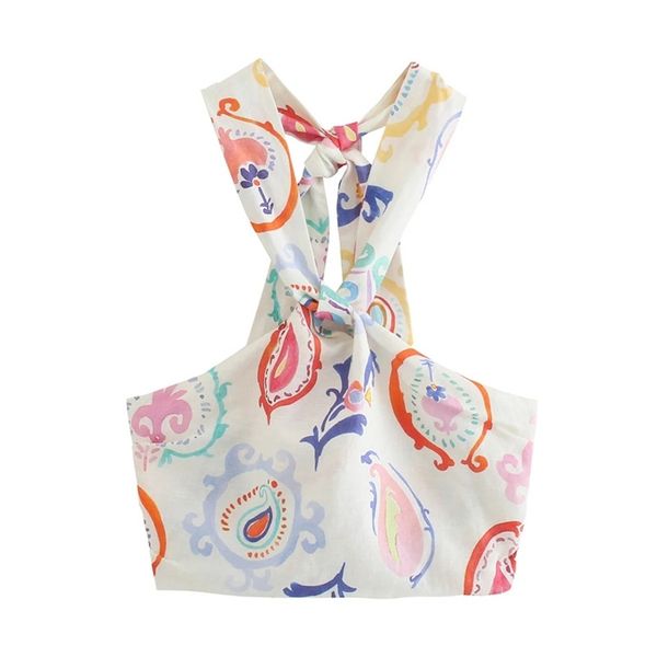

traf halter women print crop female white ruched knot strappy camisole summer sleeveless backless tank s 220423