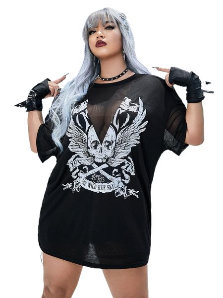 

plus wings & skull print mesh insert drop shoulder tee o2xs#, Black