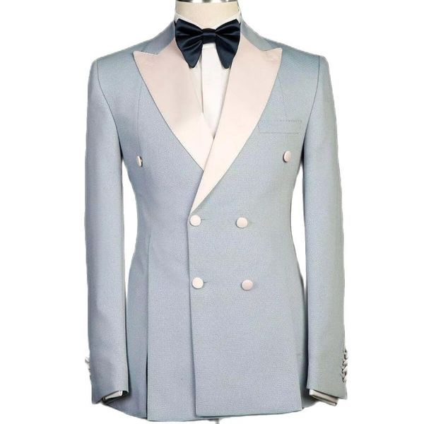 Мужские костюмы Blazers светло -голубые брюки Blazer Двойной грудь мужчины белые пики отвороты свадебные наряды Бизнес -вечеринка формальная куртка износа PA