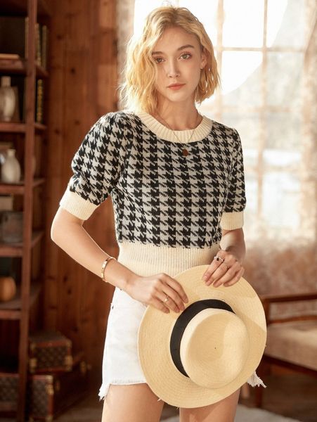 

knit mix houndstooth pattern puff sleeve knit u2ex#, White;black