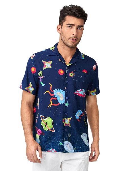 

x mithra men cartoon & planet print shirt 43dw#, White;black