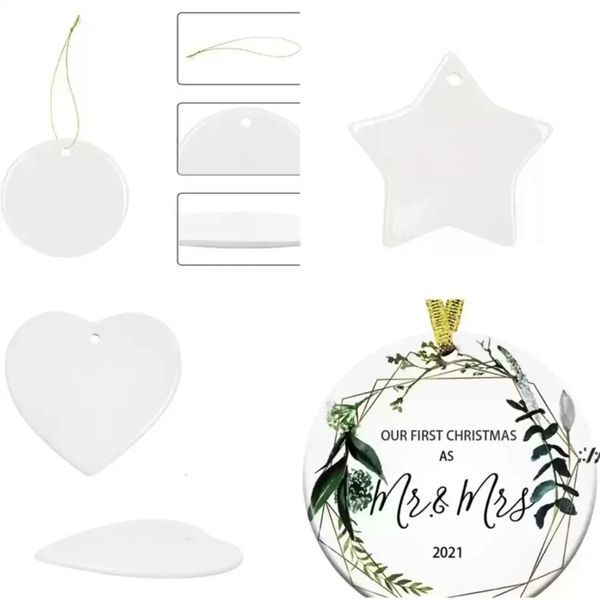 3-Zoll-Sublimationsrohling, weiß, für Weihnachten, Verlobung, individuelles Ornament, rundes Herz, Kreis, Sternform, Keramik, Weihnachtsbaumdekoration, Hangtag
