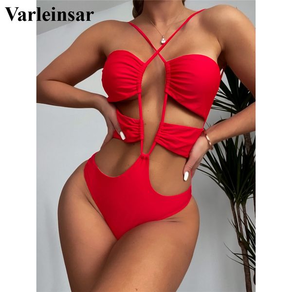 

wrinkled cut out backless monokini women swimwear one piece swimsuit female high cut padded bather bathing suit swim lady v3547, White;black