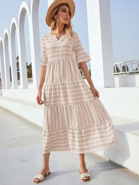 

striped notch neck flounce sleeve dress q1ob#, Black;gray