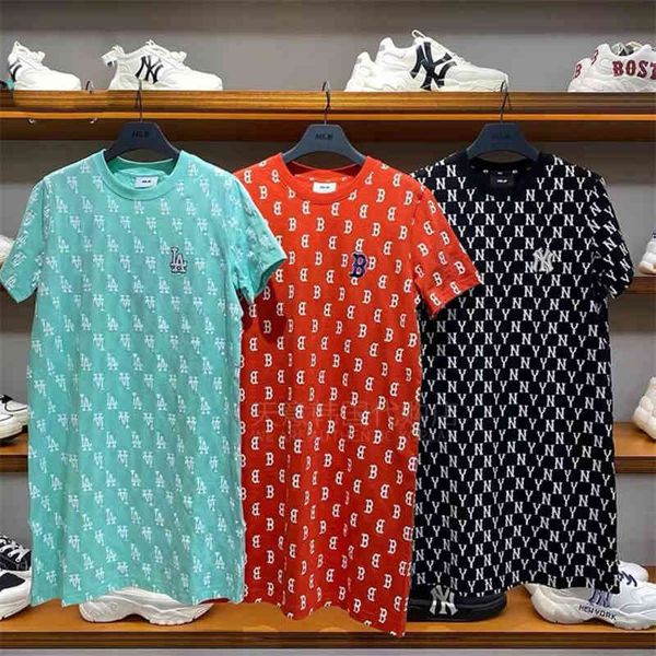 

casual dresses mlb korea fashion brand round neck loose long casual old flower all over printed letters short sleeve skirt dress t-shirt wom, Black;gray