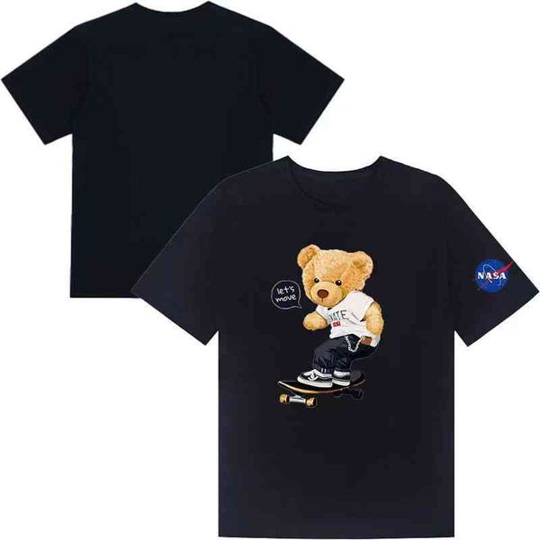 

nasa sup co branded space bear astronaut couple graffiti short sleeve t-shirt men's fashion brand loose top, White;black