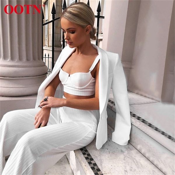 OOTN White Top Top Summer Set Set Women Randeveless Top Top и широкие брюки для ног Серые твердые повседневные два часа Femme 210302