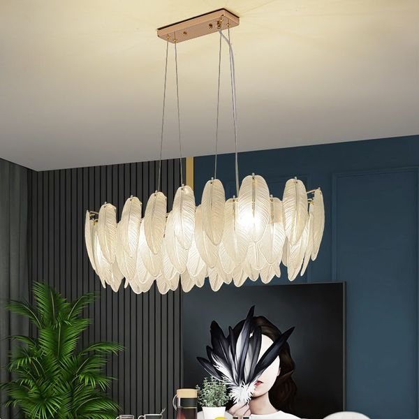 Lampadario di design a LED Art Deco postmoderno in vetro bianco con piume d'oca Illuminazione Lustre Apparecchio a sospensione Lampen per Foyer