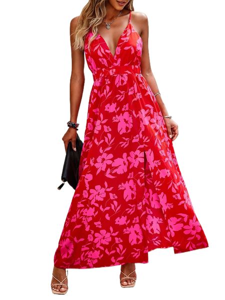 

floral print crisscross backless slit thigh cami dress n9gb#, Black;gray