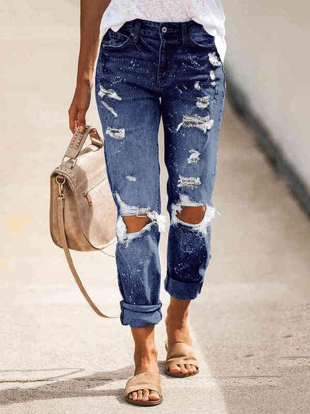 

women's jeans women washed hole ripped fit wild mid waist trousers streetwear style loose female summer fashion 15ab847 ygtq, Blue
