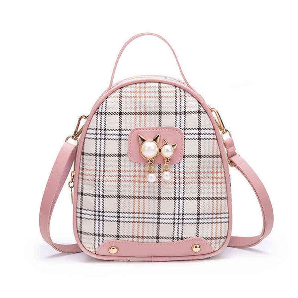 Fashion Check Zaino stampato in pelle Pu Nuova versione coreana di Ladies Plaid Small Backpack Cat Pearl Custodia per cellulare J220620