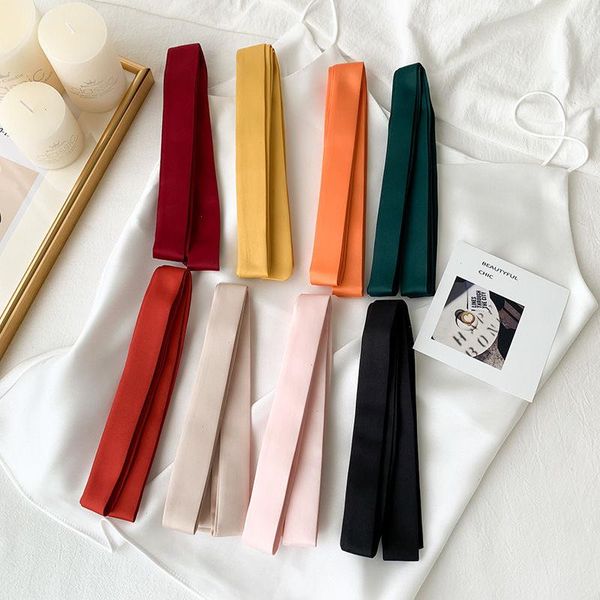 

women long narrow scarf 160x2cm solid color black chiffon silk feeling headbands bag slim ribbon choker streamer, Blue;gray