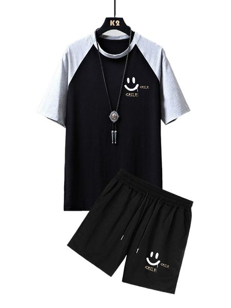 

men color block cartoon & letter graphic raglan sleeve tee & shorts a00k#, Gray