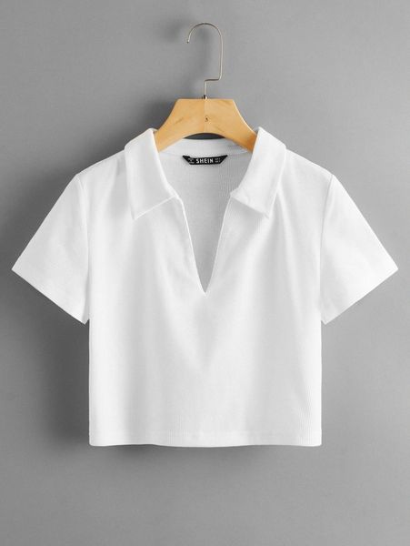 

collared v-neck rib-knit tee l0e3#, White