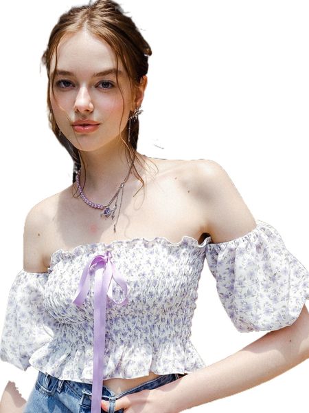 

ditsy floral print off shoulder shirred j4cr#, White