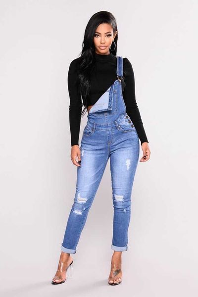 

women ripped denim jeans womens hole long overalls slim jeans dungarees high waist pencil stretch pants plus size zipper jeans, Blue