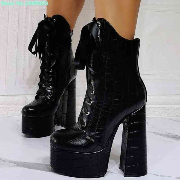 

lace up high platfrom ankle boots round toe thick high heels cross tied zipper solid women party dress fashion boots shoes 220514, Black