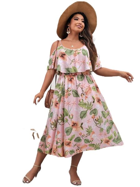 

plus allover floral print cold shoulder dress e0vs#, Black