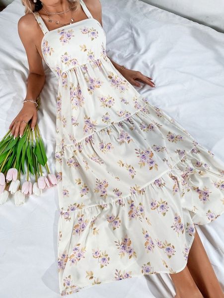 

floral print shirred back cami dress c2se#, Black;gray
